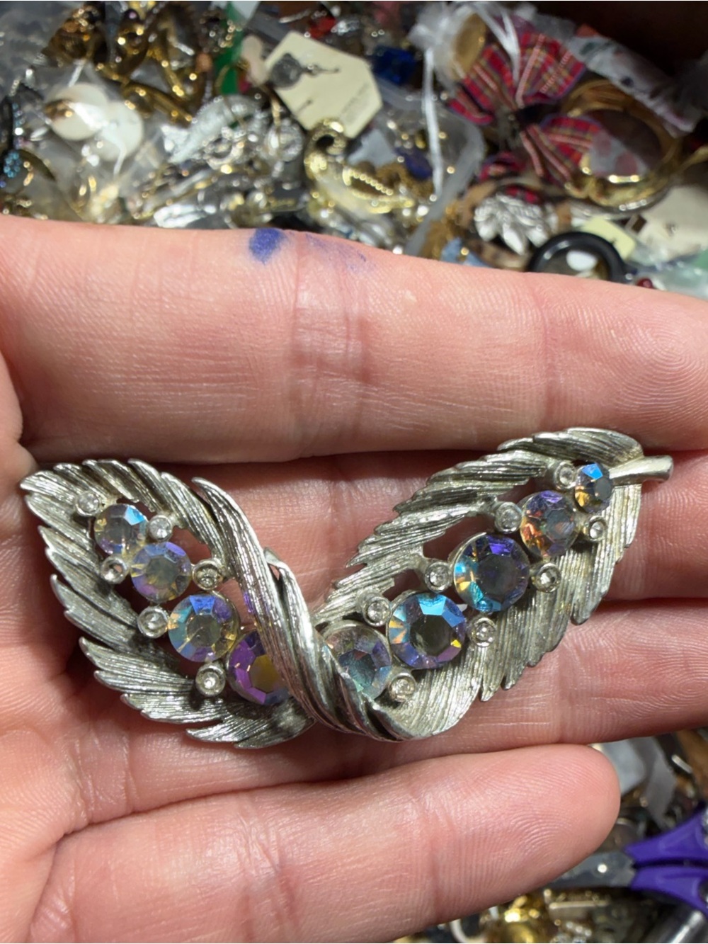 Vintage Silver Tone Aurora Borealis Crystal Leaf Brooch